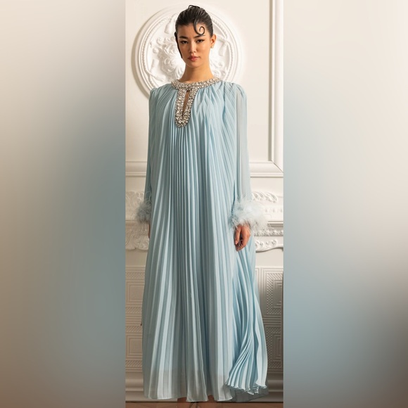Elegant Light Blue Pleated Gown with fur sleeves - Picture 1 of 5